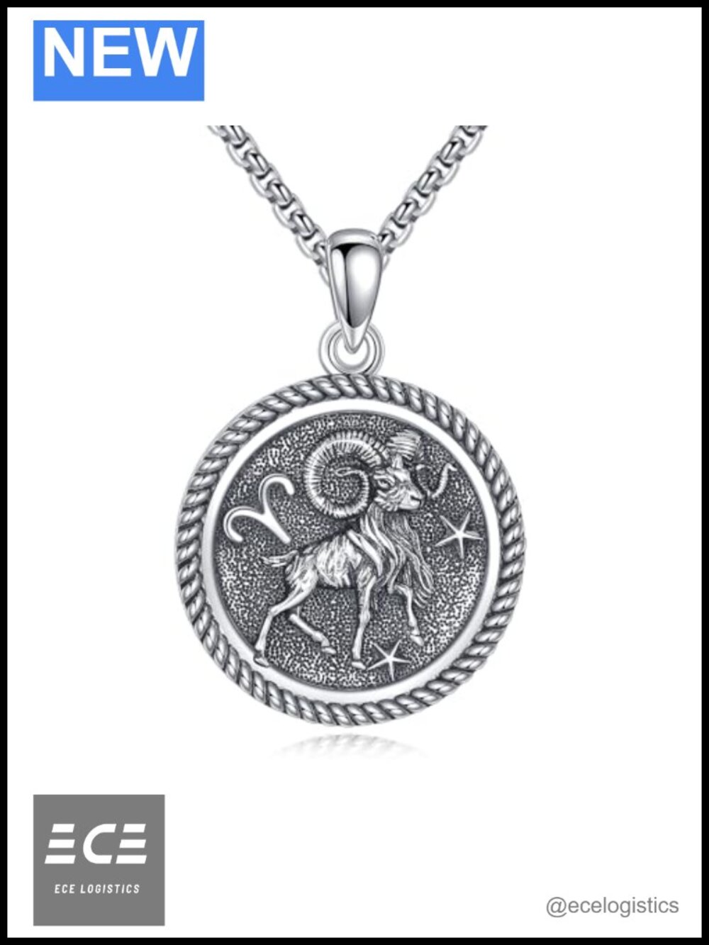 925 Sterling Silver Aries Pendant Necklace 22in Stainless Steel Chain